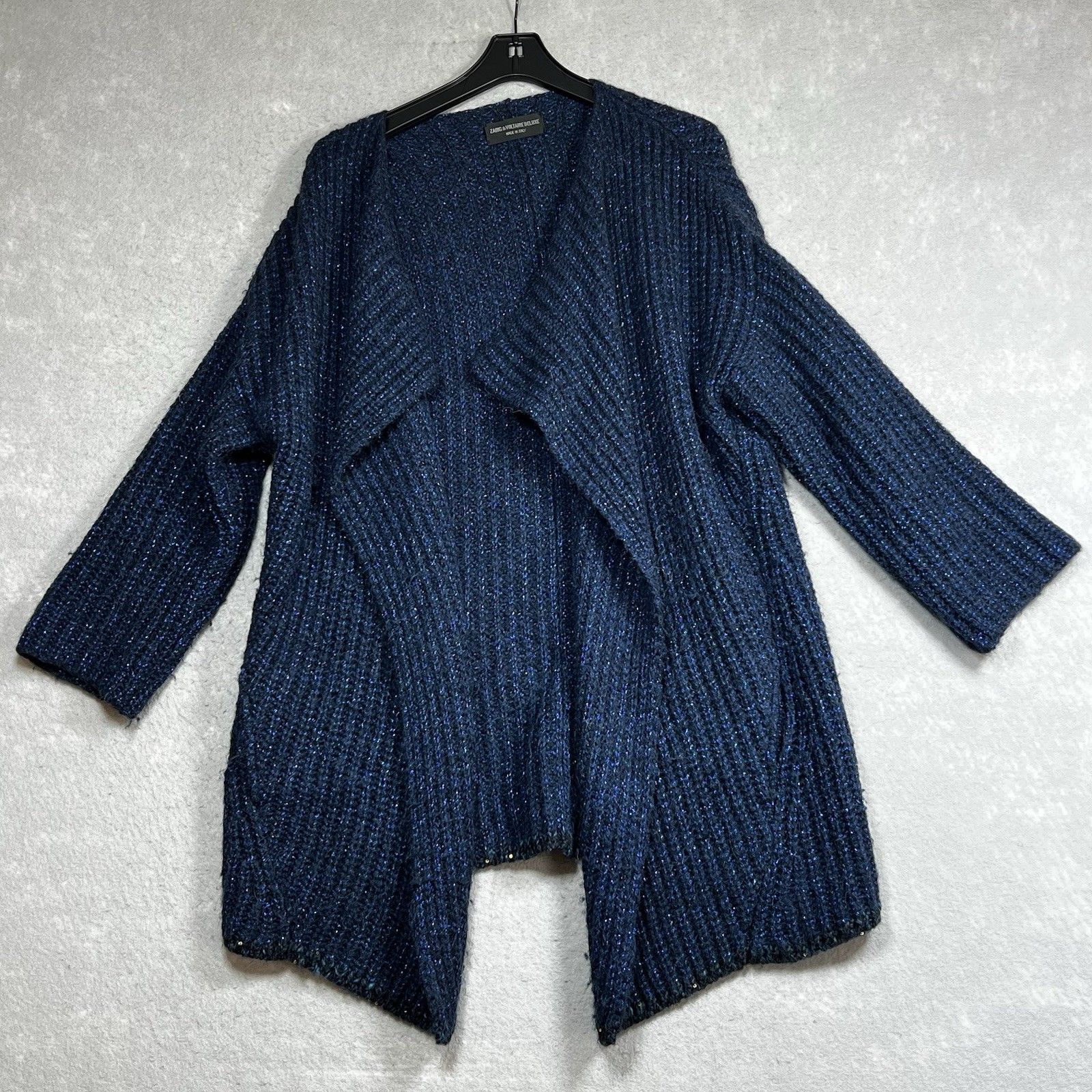 Zadig Voltaire Deluxe Cardigan Sweater S Blue Open Front Alpaca Blend Sequin